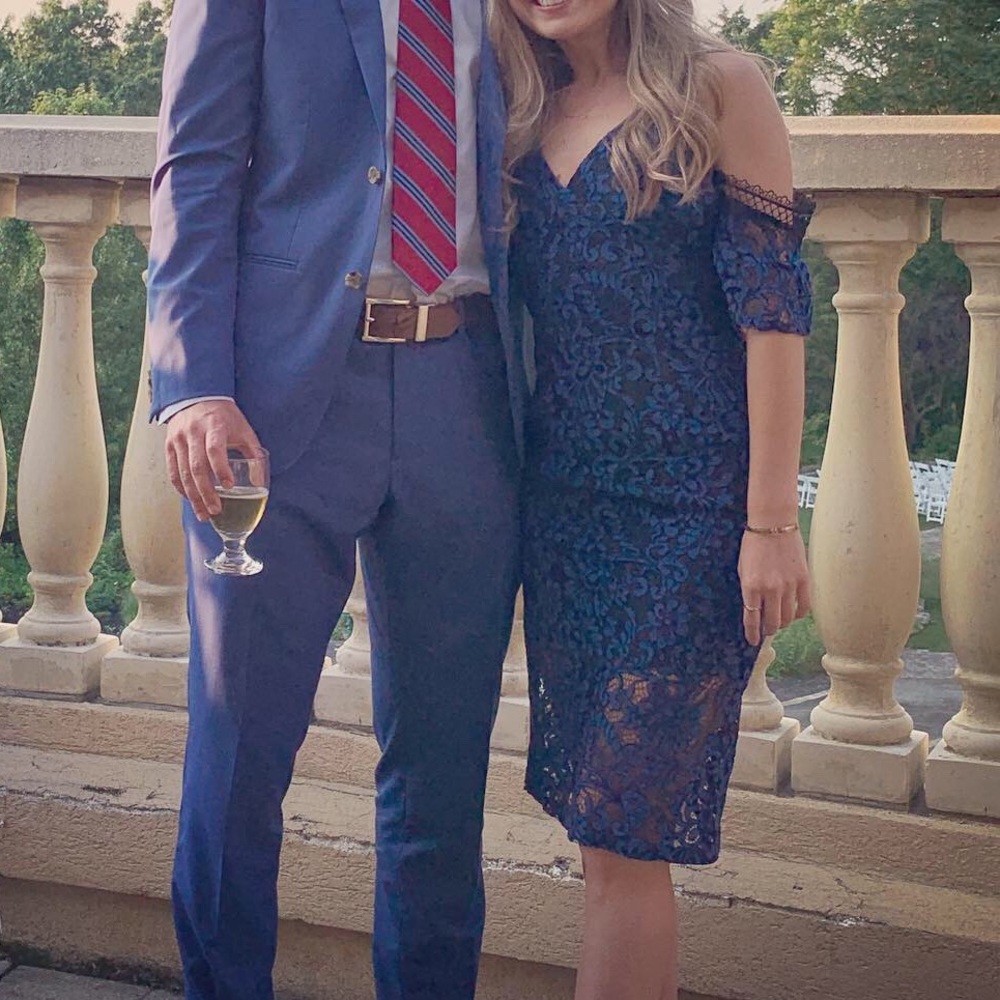 Blue and black midi wedding guest dress